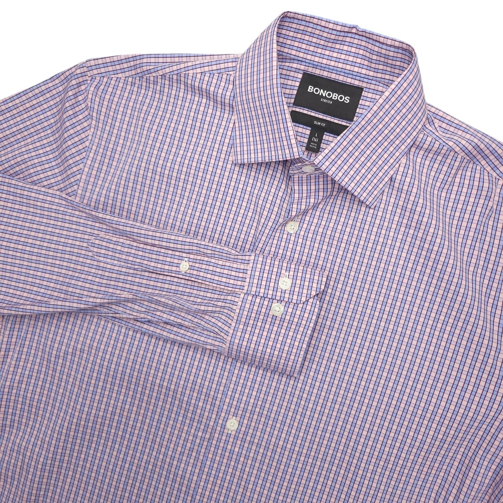 Bonobos Dress Shirt Mens Large Pink Blue Check Slim Fit Stretch Long Sleeve